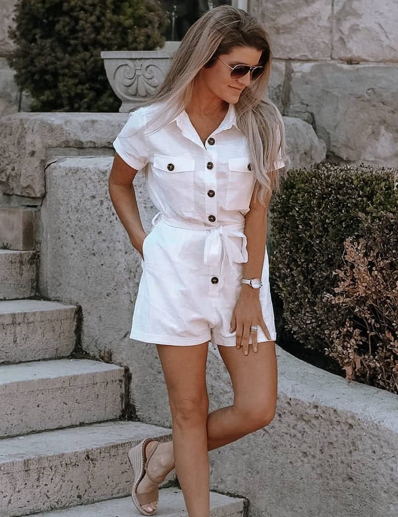 GRAPENT Women's Ivory Summer Casual Short Sleeves Button Down Pocket Belted Jumpsuits Rompers Size X-Large (Fits US 16-18) - Image 5